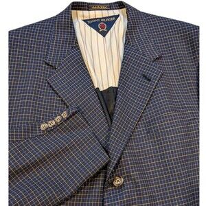 Tommy Hilfiger Men's Navy Blue Plaid Blazer Sport Coat Wool Sz 44R Made In USA